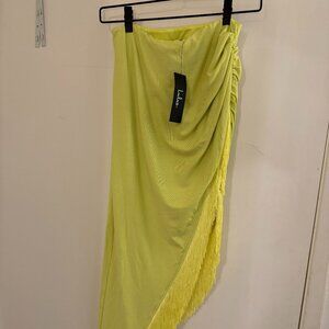 Lulus Festive Flirt Lime Green Ruched Fringe Midi Skirt - Medium